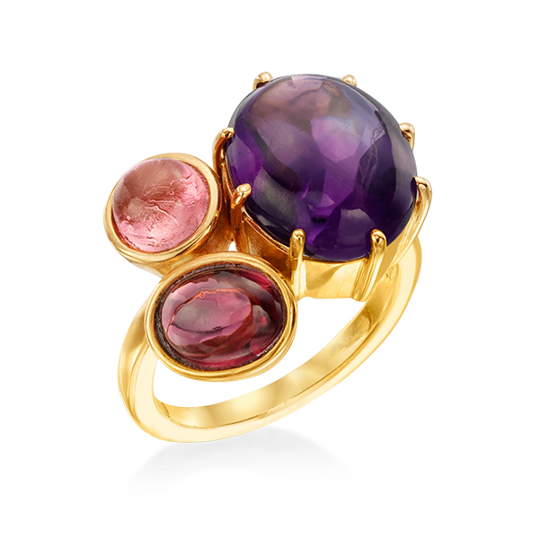 14K Pink Tourmaline, Amethyst and Garnet 3-Stone Ring